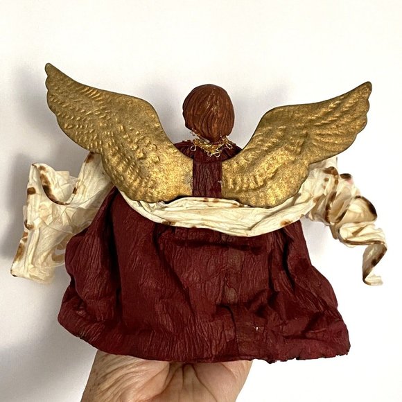 Vintage Christmas Tree Topper Angel Hand Painted Wine Red Dress Red Hair - Picture 5 of 8